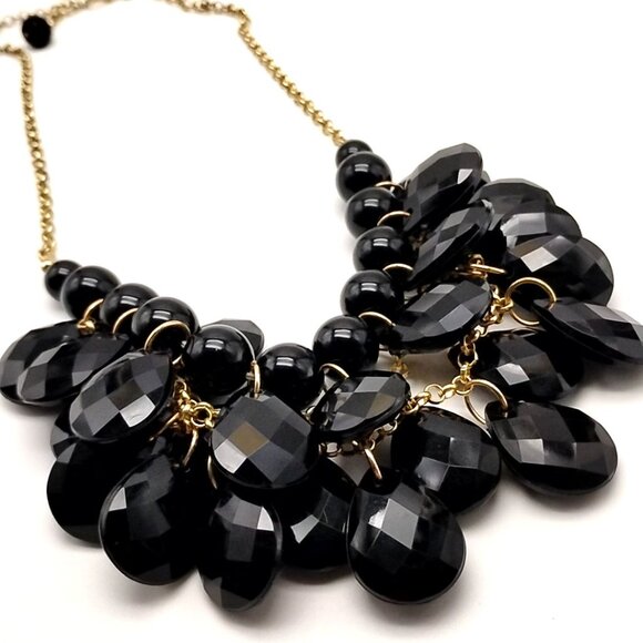 Black Faceted Resin Statement Bib Necklace Gold-tone Chain NWOT - Picture 11 of 14